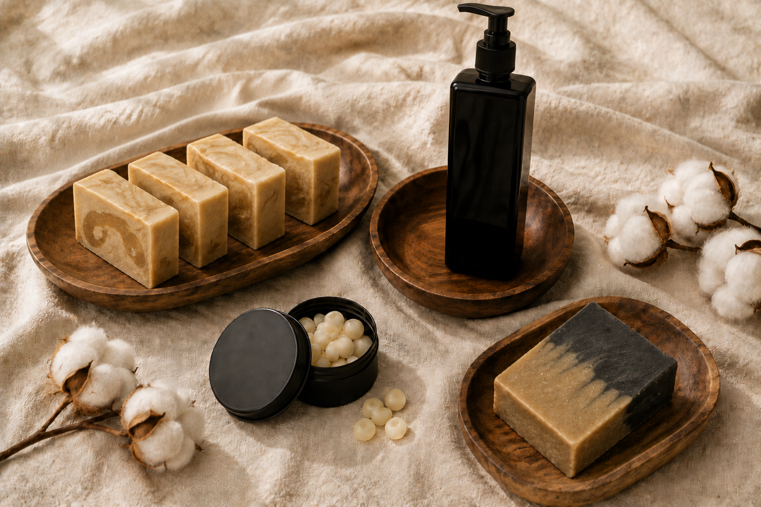 Unwrapped CottonTop goat milk soap bars styled on warm walnut with cotton stems