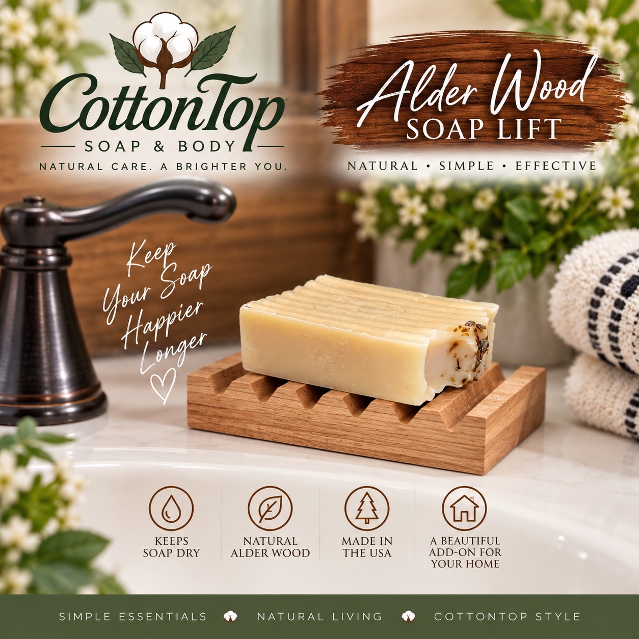 Natural alder wood CottonTop soap lift with a full-size soap bar