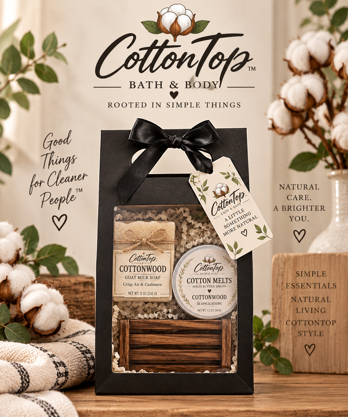 Cotton Capsule gift collection with Cottonwood soap, Cotton Melts, walnut-colored bamboo soap tray, filler and gift tag