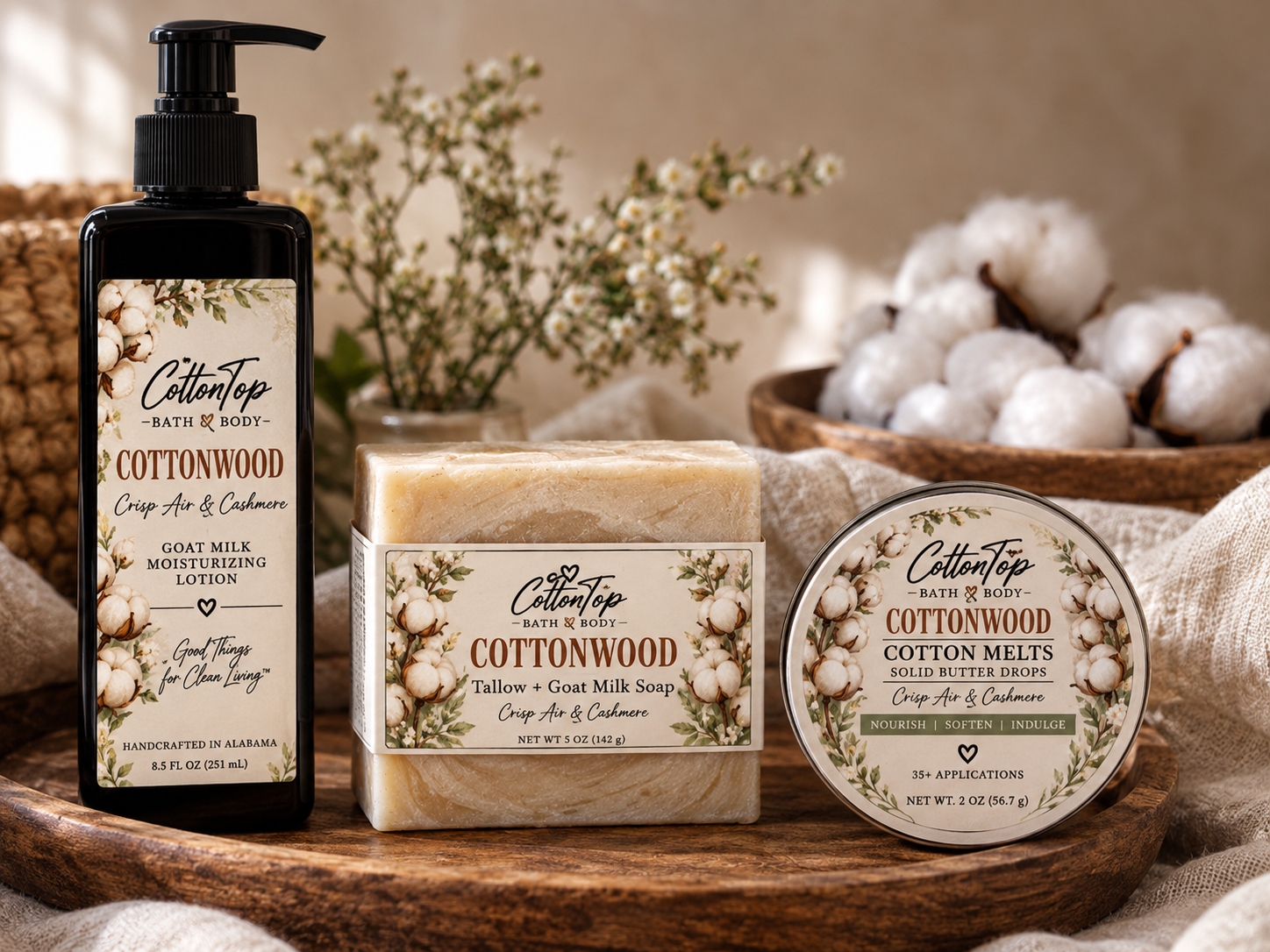 New-label Cottonwood trio with tall lotion, correctly proportioned soap and Cotton Melts