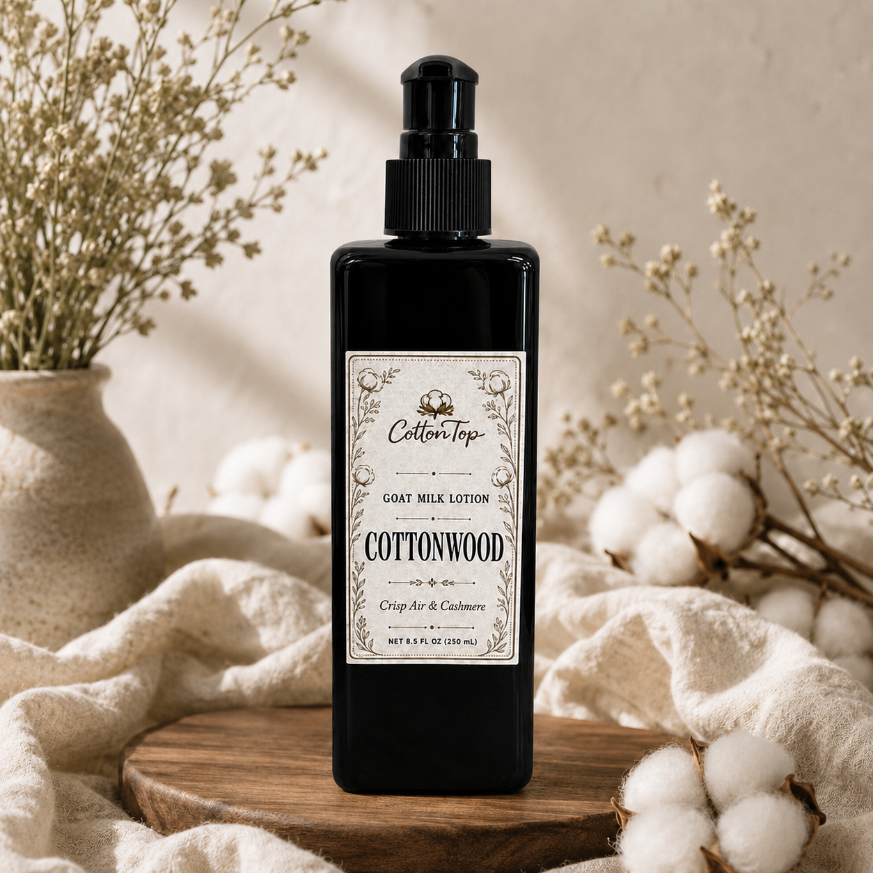 CottonTop Cottonwood goat milk lotion styled with cotton and ivory linen