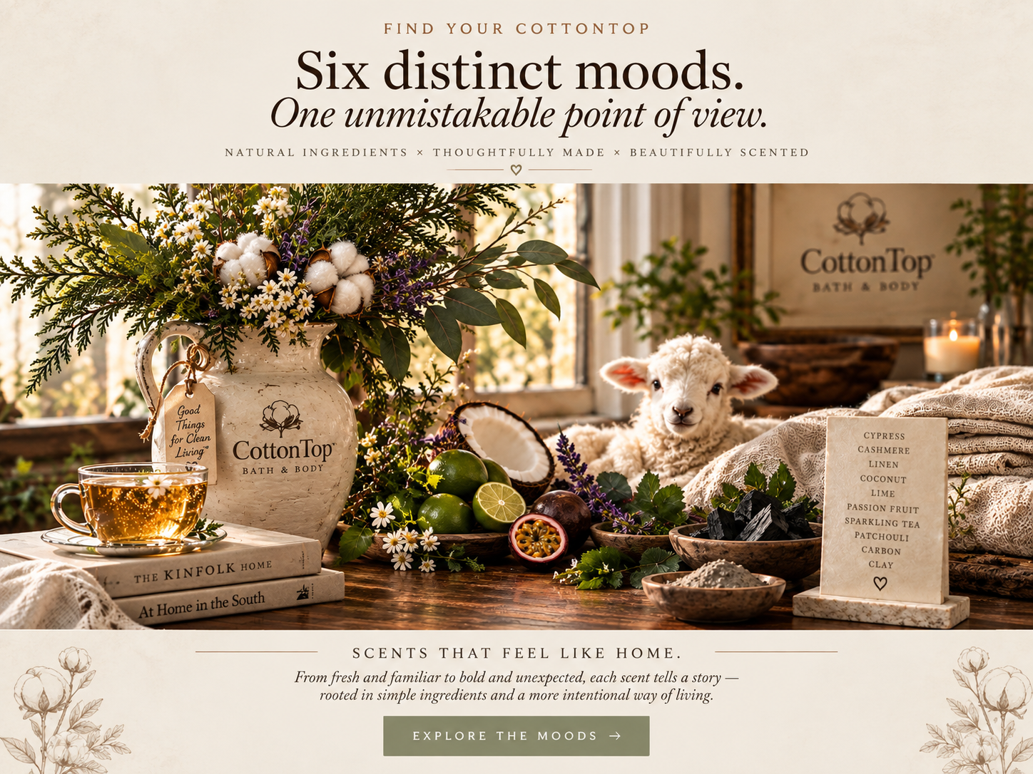 Find Your CottonTop scenic scent world with cotton, botanicals, cypress, cashmere and linen textures, coconut, lime, passion fruit, sparkling tea, patchouli, charcoal, clay and a baby lamb