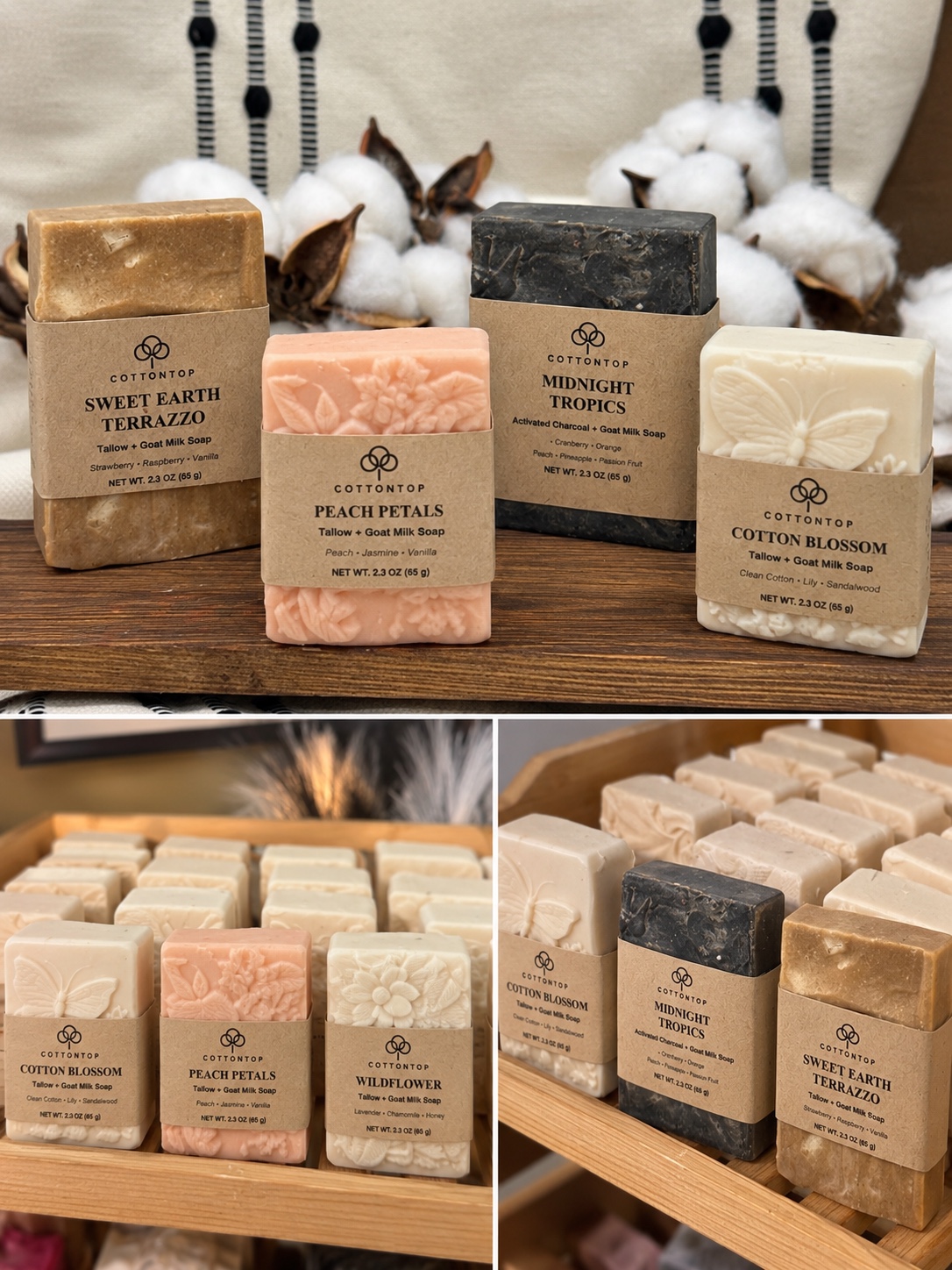 CottonTop Mini Vault artisan soap bars in kraft labels, displayed with cotton and walnut