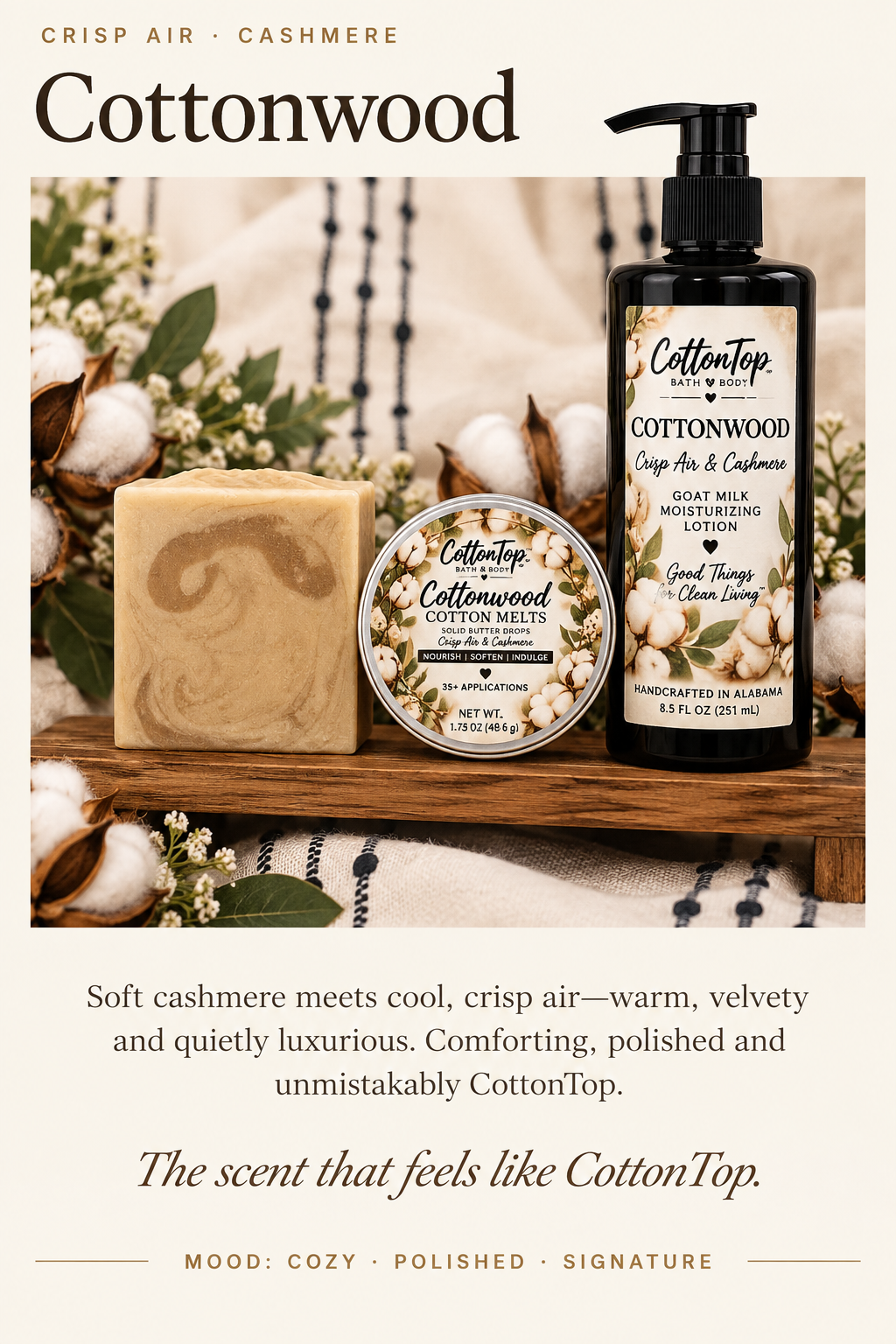 Approved Cottonwood scent presentation with new labels, correctly proportioned lotion, unwrapped swirled soap with no stamp and Cotton Melts