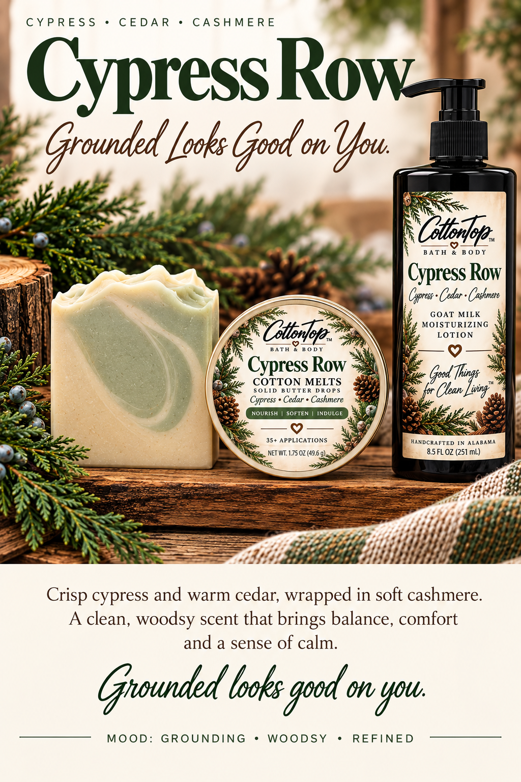 Approved Cypress Row presentation with polished soap with no stamp, lotion and Cotton Melts