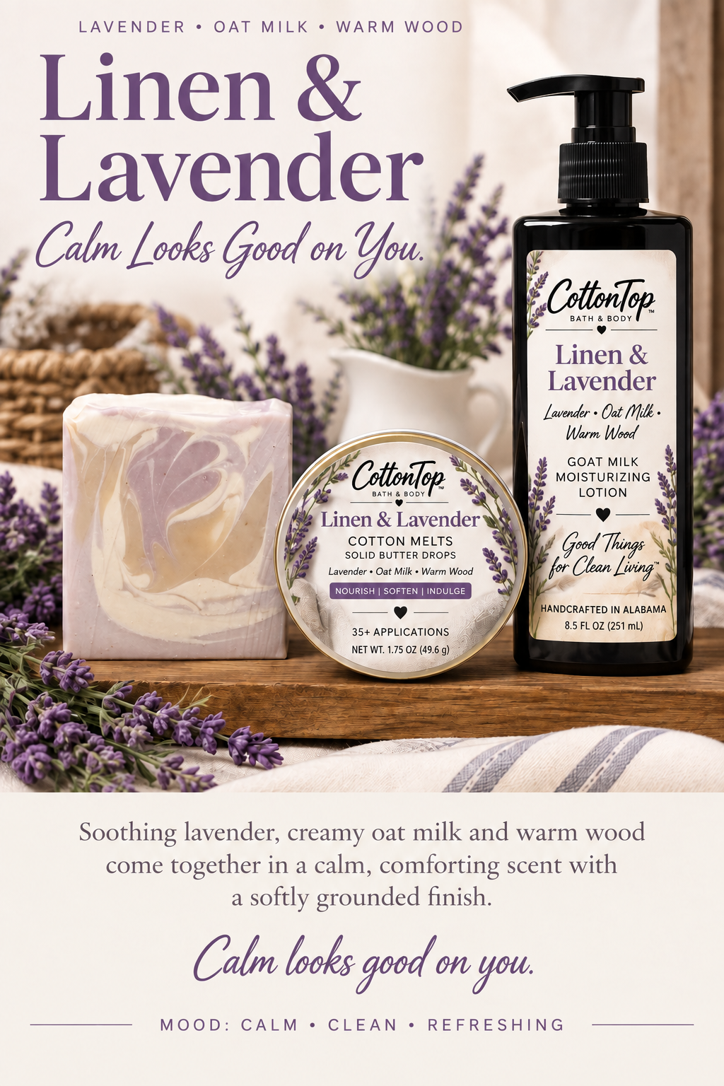 Approved Linen and Lavender presentation with polished soap, lotion, Cotton Melts and lavender styling