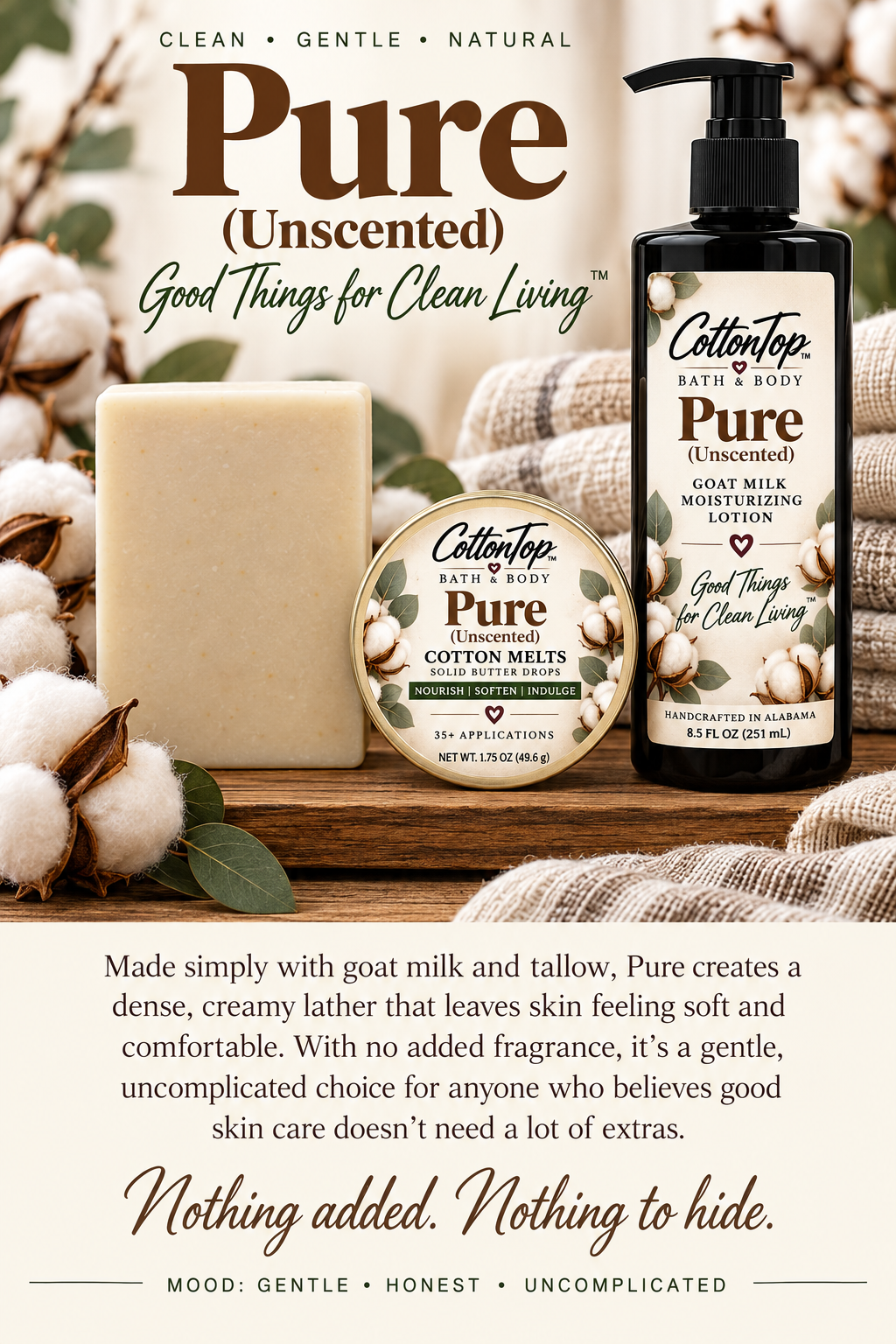 Approved Pure presentation with taller polished soap, lotion and Cotton Melts, with the curing circle removed