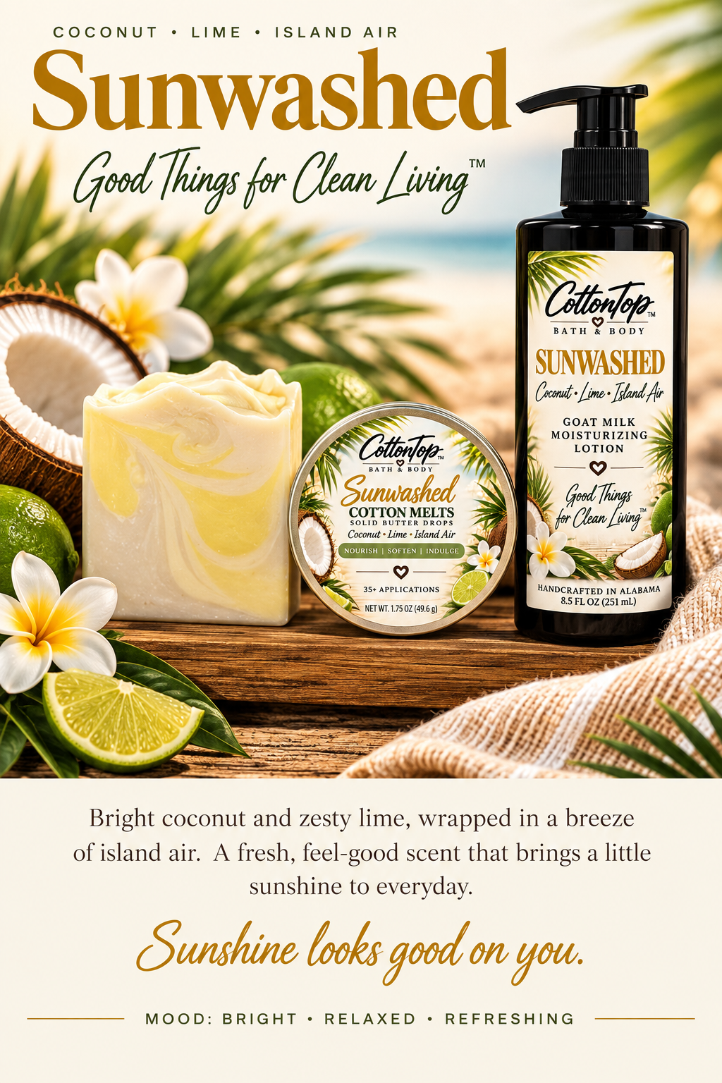 Approved Sunwashed presentation with polished unwrapped soap with no stamp, matching lotion, Cotton Melts and tropical styling