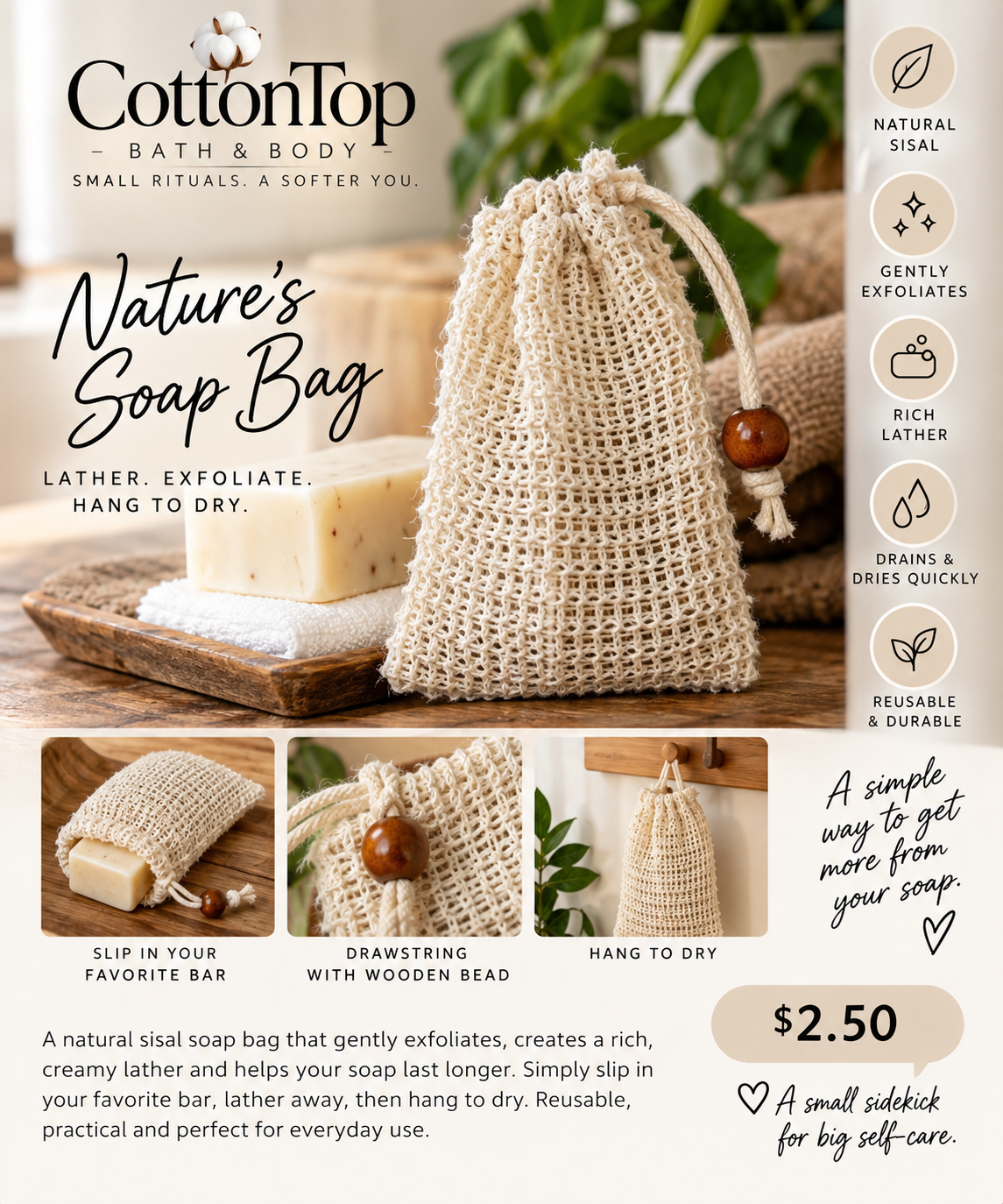 CottonTop Nature’s Soap Bag natural sisal drawstring bag with wooden bead and its approved benefits