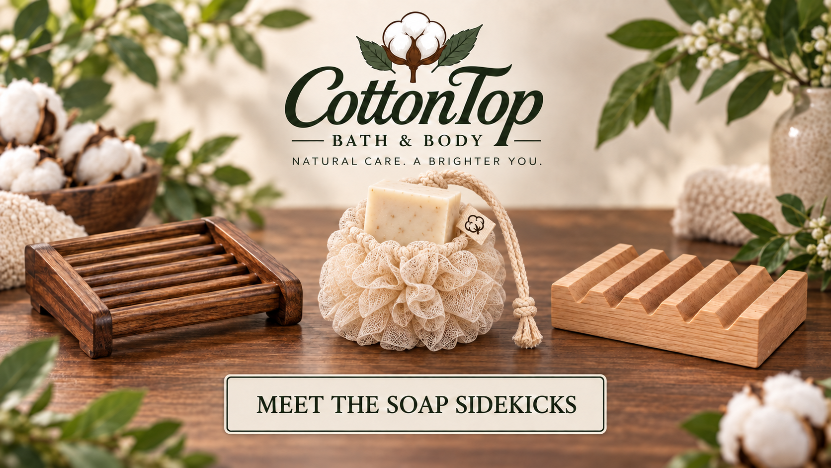 Walnut-colored soap tray, loofah soap holder with soap inside and alder wood soap lift