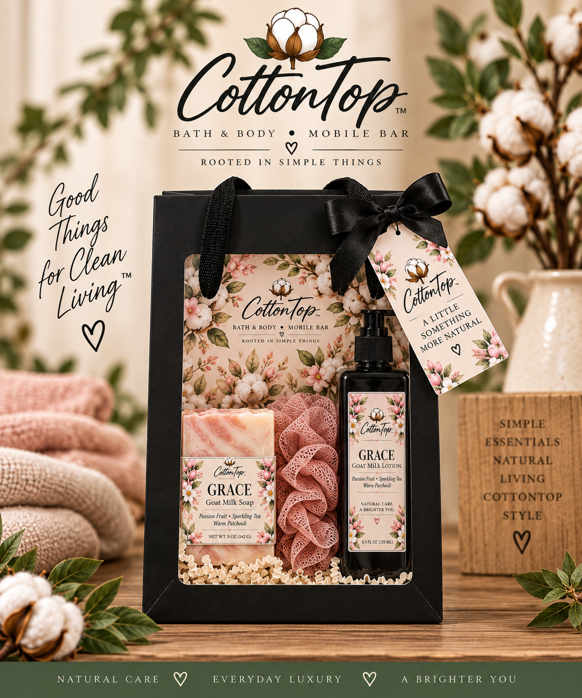 Cotton Comfort gift bag with Grace goat milk lotion, Grace goat milk soap, loofah soap holder, filler and gift tag