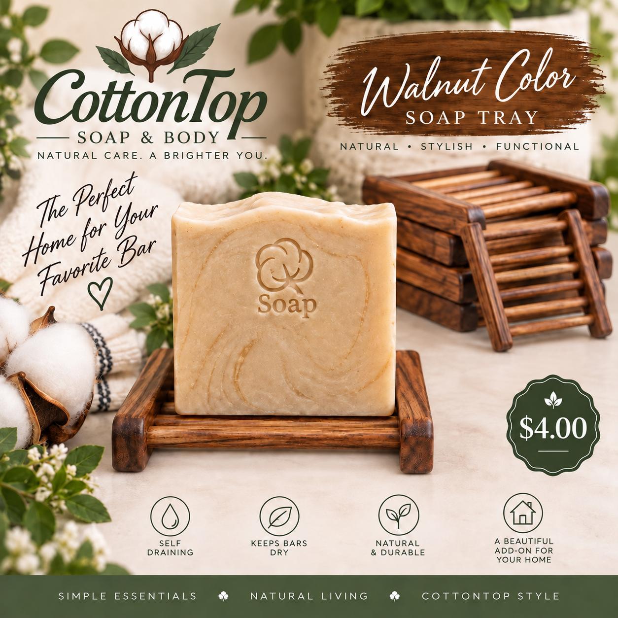 Walnut-colored CottonTop bamboo soap tray with a full-size soap bar