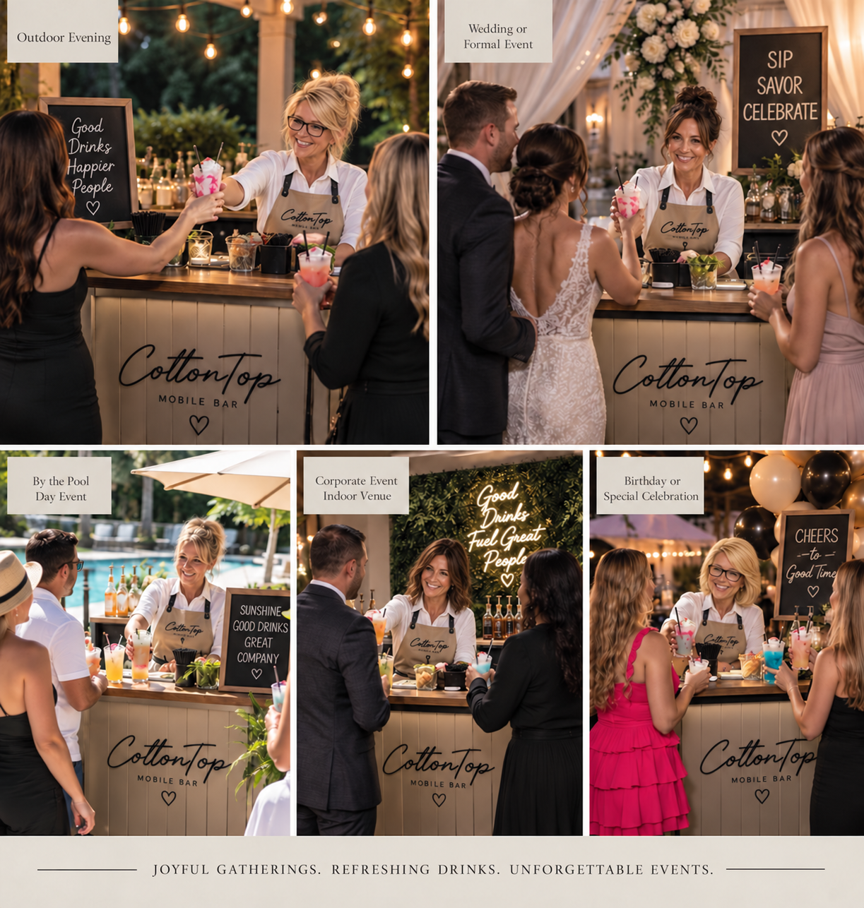 CottonTop Mobile Bar serving guests at outdoor, wedding, poolside, corporate and birthday events