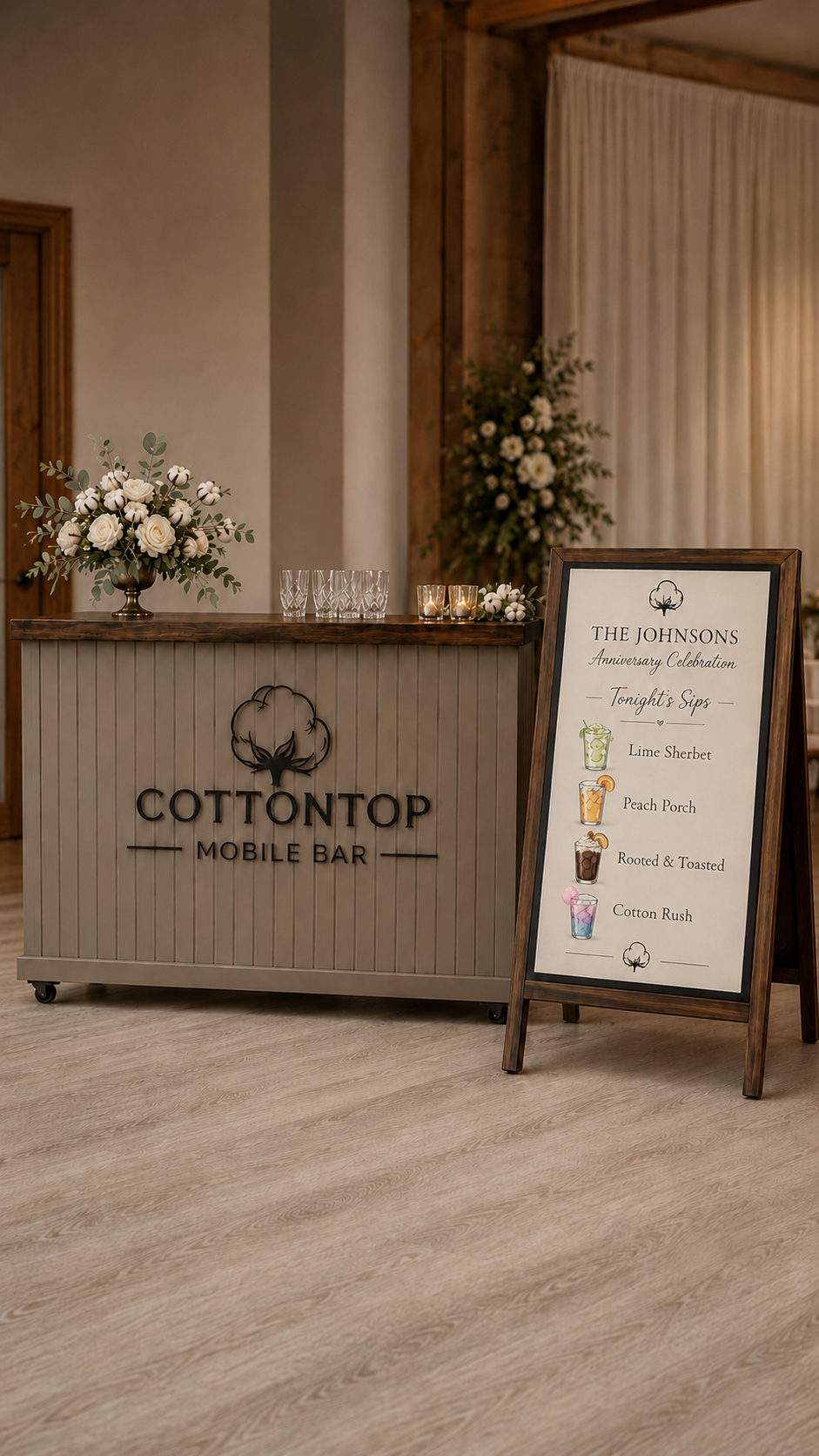 CottonTop Mobile Bar beside a personalized printed menu in a black frame on a walnut stand