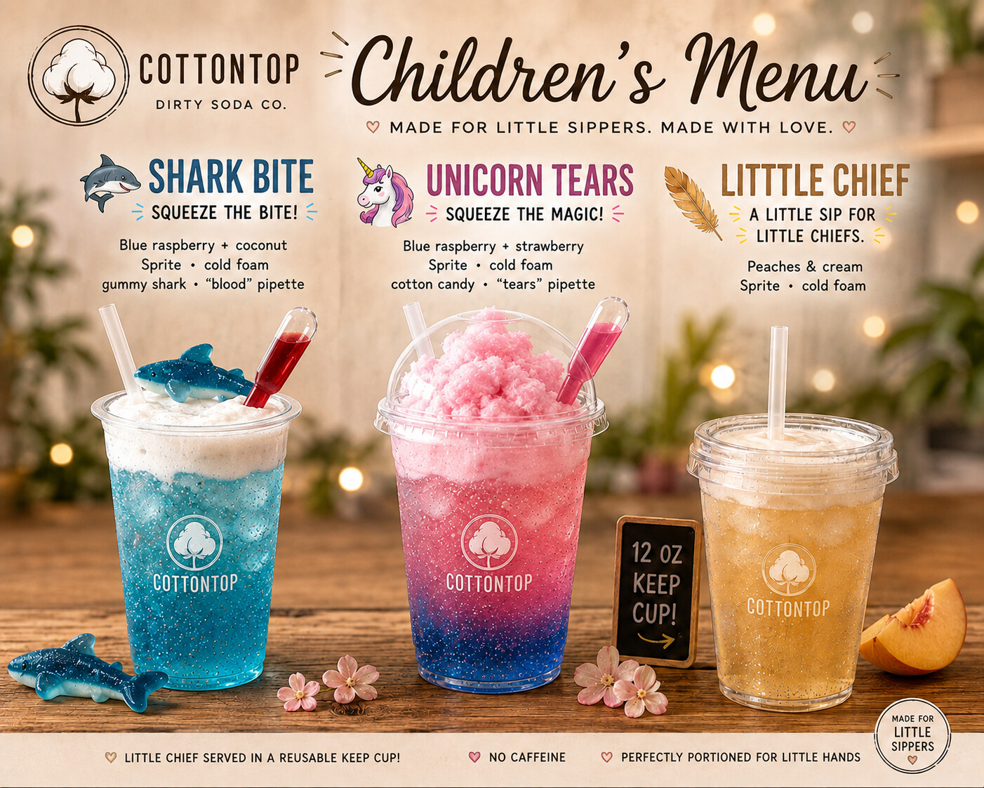 CottonTop Children’s Drinks menu featuring Shark Bite, Unicorn Tears and Little Chief
