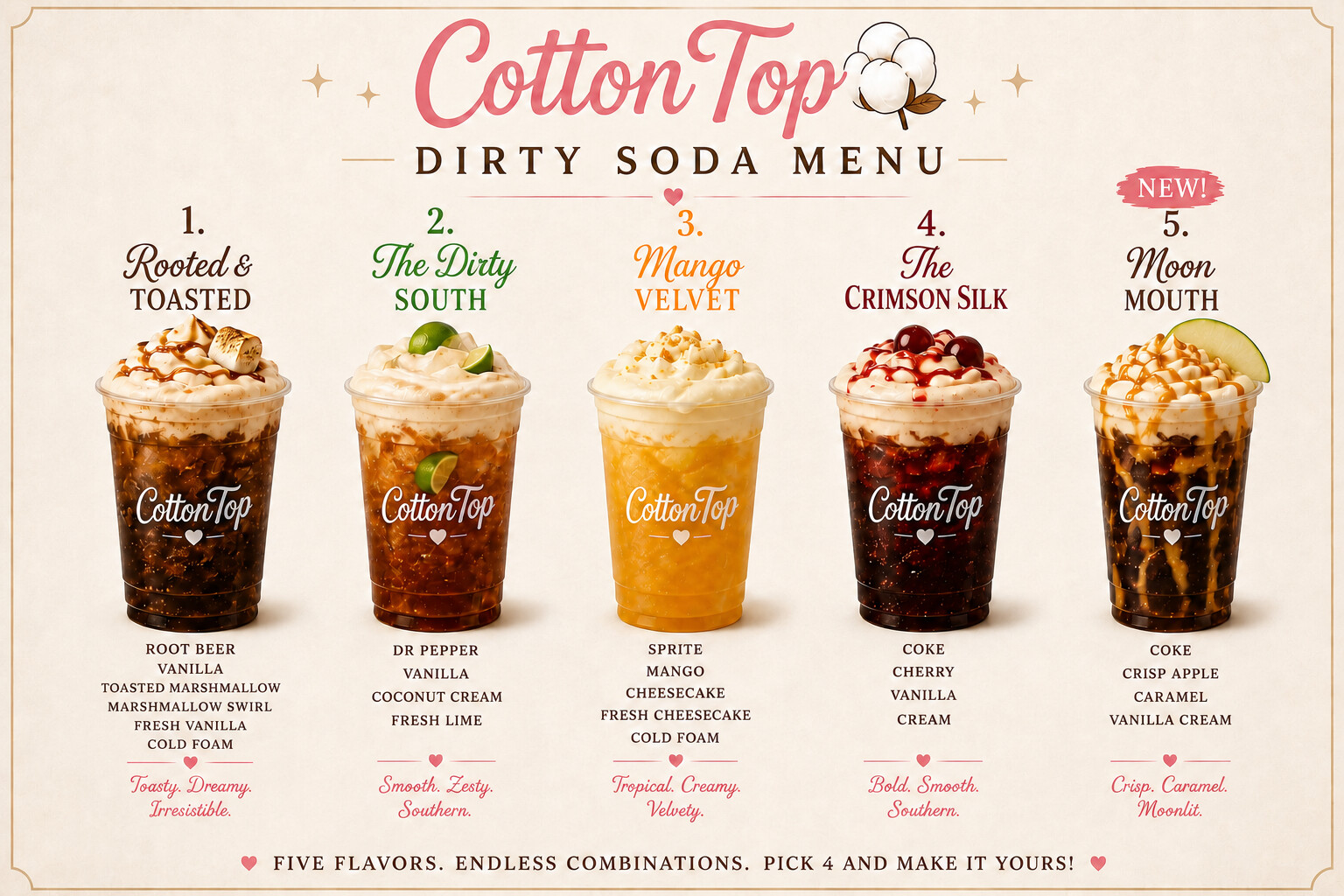 CottonTop Dirty Soda menu featuring Rooted & Toasted, The Dirty South, Mango Velvet, The Crimson Silk and Moon Mouth