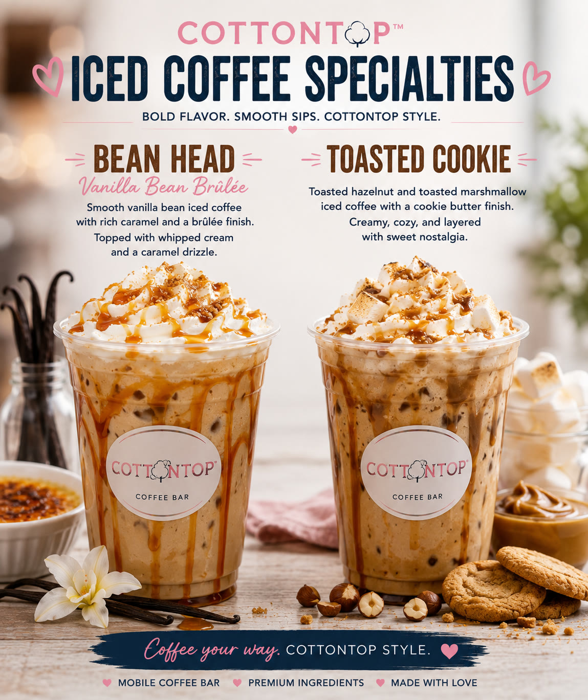 CottonTop Iced Coffee Specialties featuring Bean Head Vanilla Bean Brûlée and Toasted Cookie