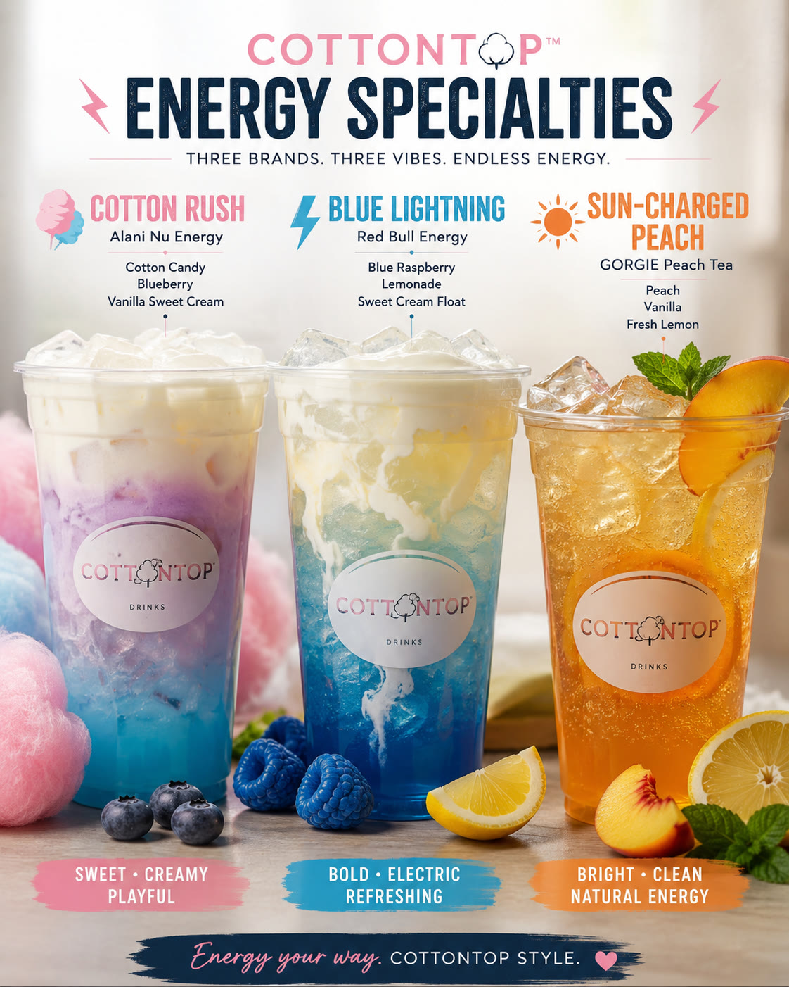 CottonTop Energy Specialties featuring Cotton Rush, Blue Lightning and Sun-Charged Peach