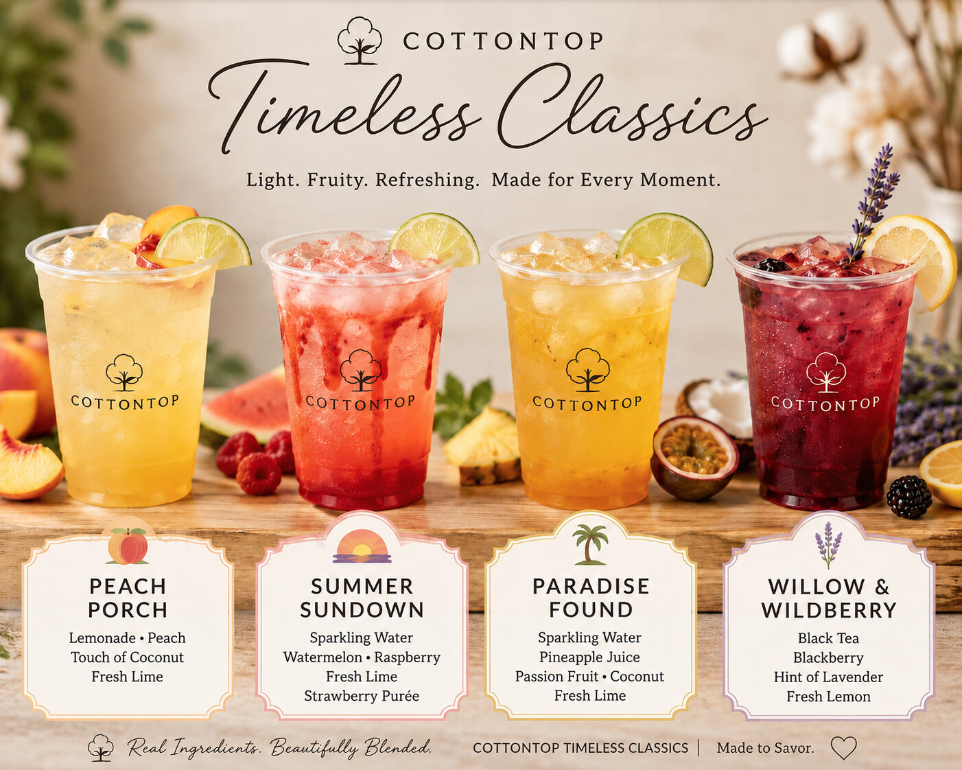 CottonTop Timeless Classics lineup featuring Peach Porch, Summer Sundown, Paradise Found and Willow & Wildberry