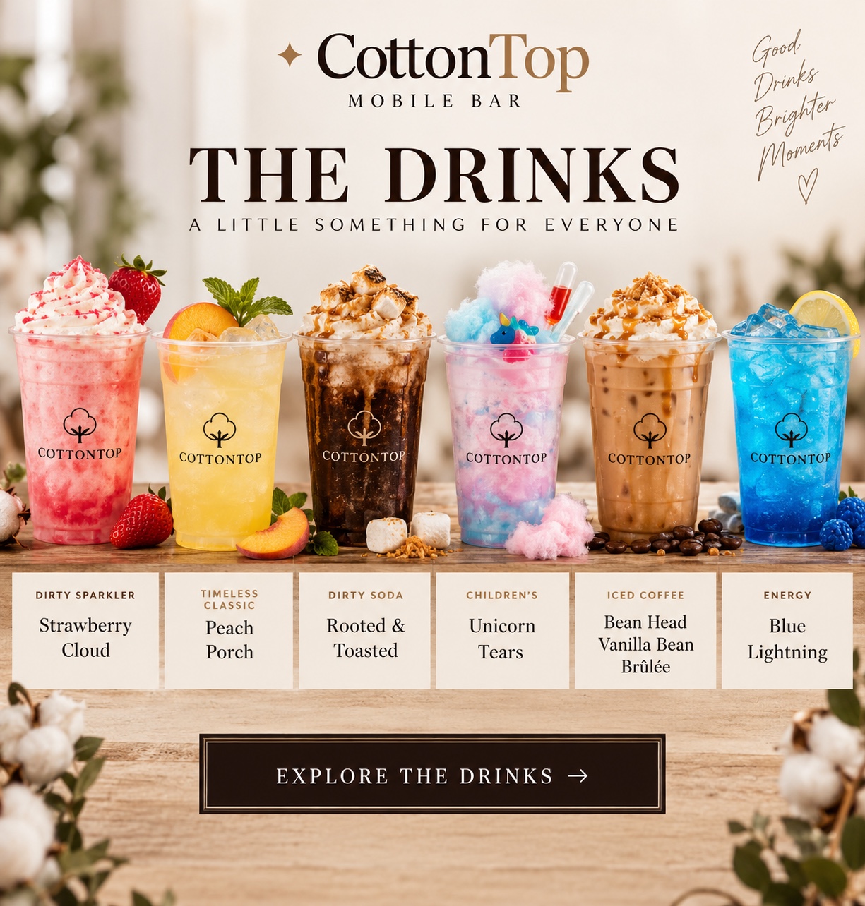 CottonTop drink collection featuring a Dirty Sparkler, Timeless Classic, Dirty Soda, children’s drink, iced coffee and energy drink