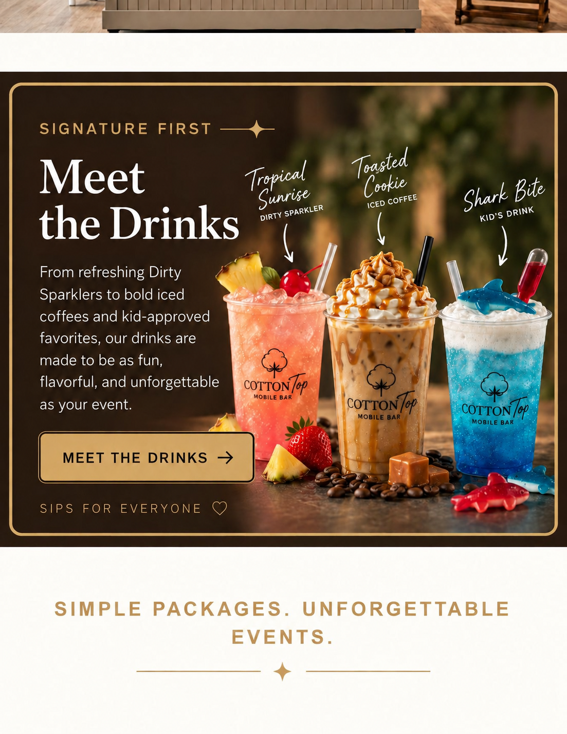 Meet the Drinks featuring a Tropical Sunrise Dirty Sparkler, Toasted Cookie iced coffee and Shark Bite children’s drink
